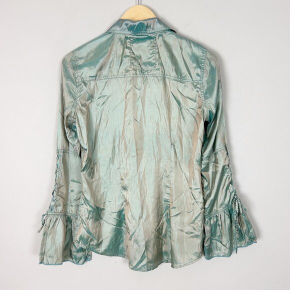 CINO Blue Iridescent Button Down Shirt Top Bell Sleeve Size Small Women's - Picture 4 of 5